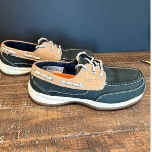 Rockport Works Women's Sailing Club Steel Toe Boat Shoes Size‎ 7.5 Navy Blue Tan